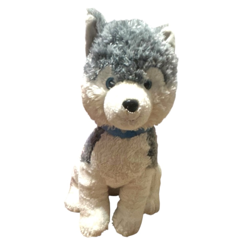 Husky Dog Plush Stuffed‎ Animal Puppy Blue Collar Gray White